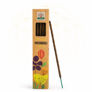 Natural Patchouli Masala incense sticks in eco-friendly kraft packaging with a single incense stick displayed beside the box on a clean white background featuring a subtle Flower of Life design.