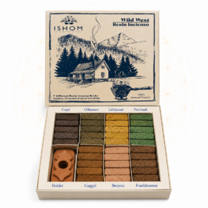 Ishom Wild West resin incense brick set featuring 70 natural incense bricks in seven fragrances and a terracotta holder, displayed in premium gift box packaging.