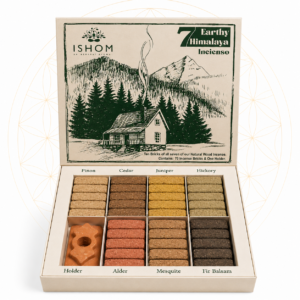 Open Ishom 70 Resin Incense Bricks Set featuring seven earthy Himalayan-inspired fragrances and a terracotta incense holder displayed on a clean background.