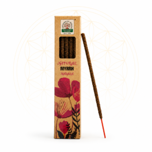 Natural Myrrh Masala incense sticks in eco-friendly kraft packaging with a single incense stick displayed beside the box on a clean white background featuring a subtle Flower of Life design.