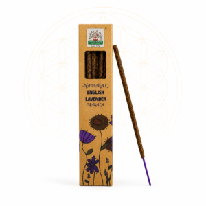 Natural English Lavender Masala incense sticks in eco-friendly kraft packaging with a single incense stick displayed beside the box on a clean white background featuring a subtle Flower of Life design.