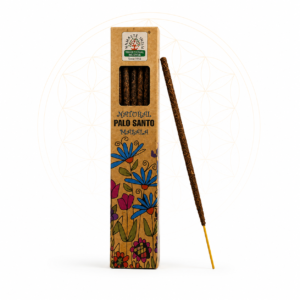 Natural Palo Santo Masala incense sticks in eco-friendly kraft packaging with a single incense stick displayed beside the box on a clean white background featuring a subtle Flower of Life design.