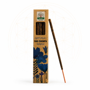 Natural Nag Champa Masala incense sticks in eco-friendly kraft packaging with a single incense stick displayed beside the box on a clean white background featuring a subtle Flower of Life design.