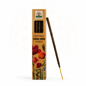 Natural Sandalwood Masala incense sticks in eco-friendly kraft packaging with a single incense stick displayed beside the box on a clean white background featuring a subtle Flower of Life design.