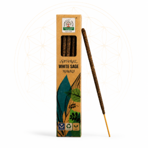 Natural White Sage Masala incense sticks in eco-friendly kraft packaging with a single incense stick displayed beside the box on a clean white background featuring a subtle Flower of Life design.