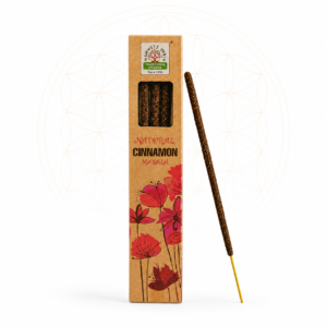 Natural Cinnamon Masala incense sticks in eco-friendly kraft packaging with a single incense stick displayed beside the box on a clean white background featuring a subtle Flower of Life design.