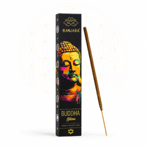 Banjara Buddha Bliss incense sticks in luxury black packaging featuring colourful Buddha artwork, displayed with a single incense stick on a clean white background with a subtle Flower of Life design.