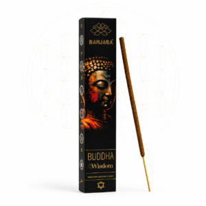 Banjara Buddha Wisdom incense sticks in luxury black packaging featuring elegant Buddha artwork, displayed with a single incense stick on a clean white background with a subtle Flower of Life design.