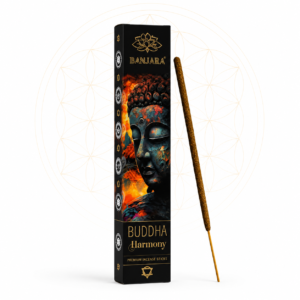 Banjara Buddha Harmony incense sticks in luxury black packaging featuring artistic Buddha artwork, displayed with a single incense stick on a clean white background with a subtle Flower of Life design.