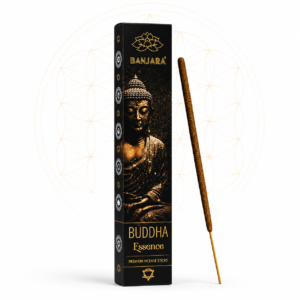 Banjara Buddha Essence incense sticks in luxury black packaging featuring elegant Buddha artwork, displayed with a single incense stick on a clean white background with a subtle Flower of Life design.