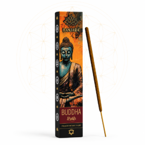 Banjara Buddha Path incense sticks in luxury black packaging featuring serene Buddha artwork in warm orange and blue tones, displayed with a single incense stick on a clean white background with a subtle Flower of Life design.