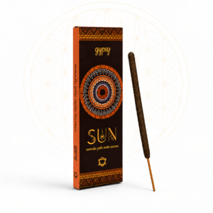 Gypsy Sun Nomadic Incense displayed in decorative mandala-inspired packaging with a single incense stick beside the box on a clean white background featuring a subtle Flower of Life design.