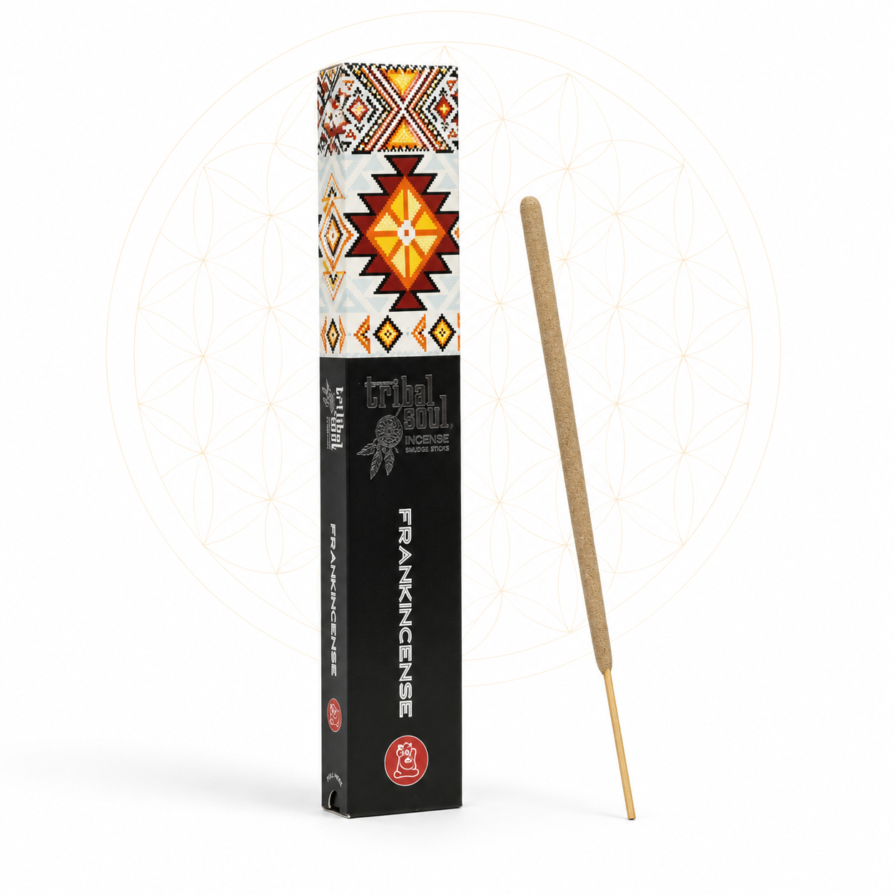 Tribal Soul Frankincense incense sticks in premium black packaging with tribal-inspired artwork, displayed with a single incense stick on a clean white background featuring a subtle Flower of Life design.