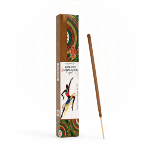 Ancient Secrets Golden Sandalwood Copal incense sticks in decorative ethnic-inspired packaging, displayed with a single incense stick on a clean white background featuring a subtle Flower of Life design.