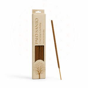 Palo Santo Cleansing & Purifying Incense Sticks displayed in elegant natural packaging with a single incense stick on a clean white background featuring a subtle Flower of Life design.