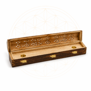 Handcrafted mango wood incense holder box with brass elephant inlay, carved floral design and incense storage compartment.