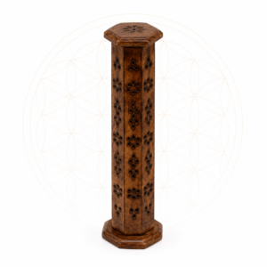 Handmade mango wood hexagonal incense tower with removable lid and carved floral details.