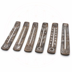 White washed mango wood incense holder with carved decorative pattern for incense sticks