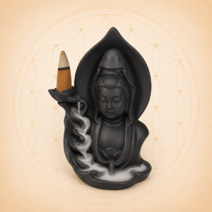 Serene Buddha backflow incense burner creating a cascading smoke waterfall effect with backflow incense cones.