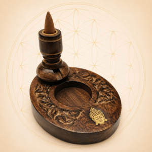 Handcrafted mango wood backflow incense burner with brass Buddha detail for backflow incense cones.