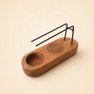 Small teak wood Palo Santo heater with engraved mandala design for burning Palo Santo sticks.