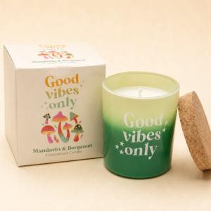 Good Vibes Only Mandarin & Bergamot scented candle in a green ombre glass jar with cork lid and matching gift box.