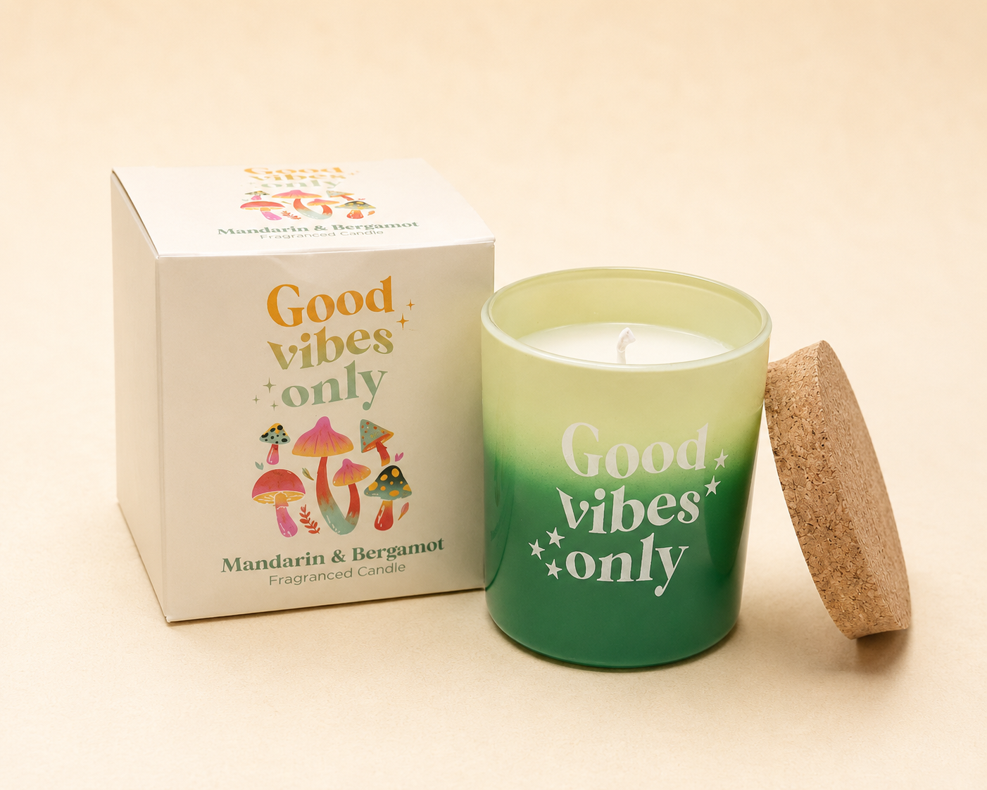 Good Vibes Only Mandarin & Bergamot scented candle in a green ombre glass jar with cork lid and matching gift box.