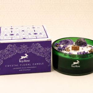 Hop Hare The Moon Crystal Magic Flower Candle with lavender fragrance and amethyst crystals in green glass.