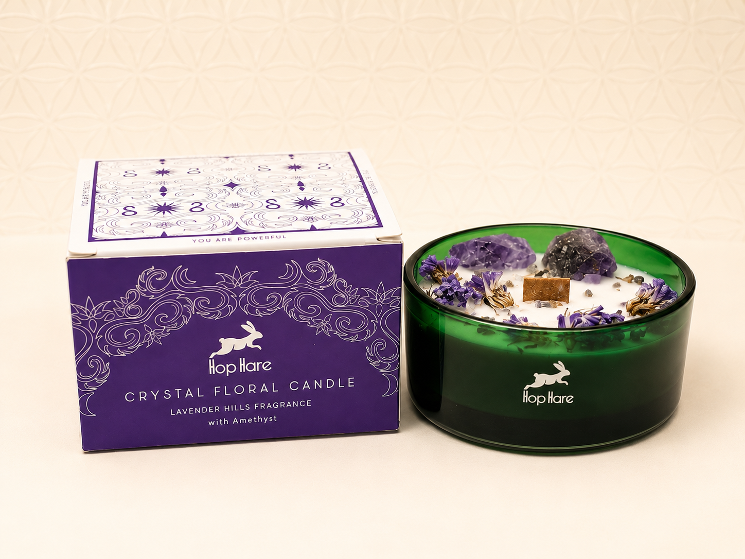 Hop Hare The Moon Crystal Magic Flower Candle with lavender fragrance and amethyst crystals in green glass.
