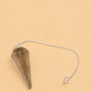 Smoky Quartz crystal pendulum with a silver-tone chain on a warm neutral background.