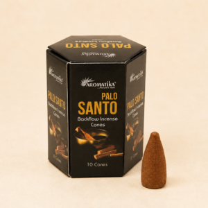 Aromatika Masala Backflow Incense Cones with Palo Santo fragrance shown beside the hexagonal gift box, suitable for backflow incense burners.