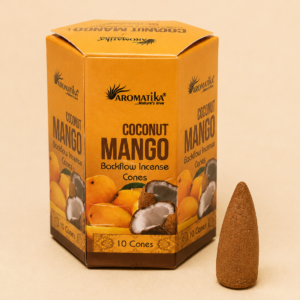 Aromatika Coconut & Mango Masala Backflow Incense Cones with a single incense cone.