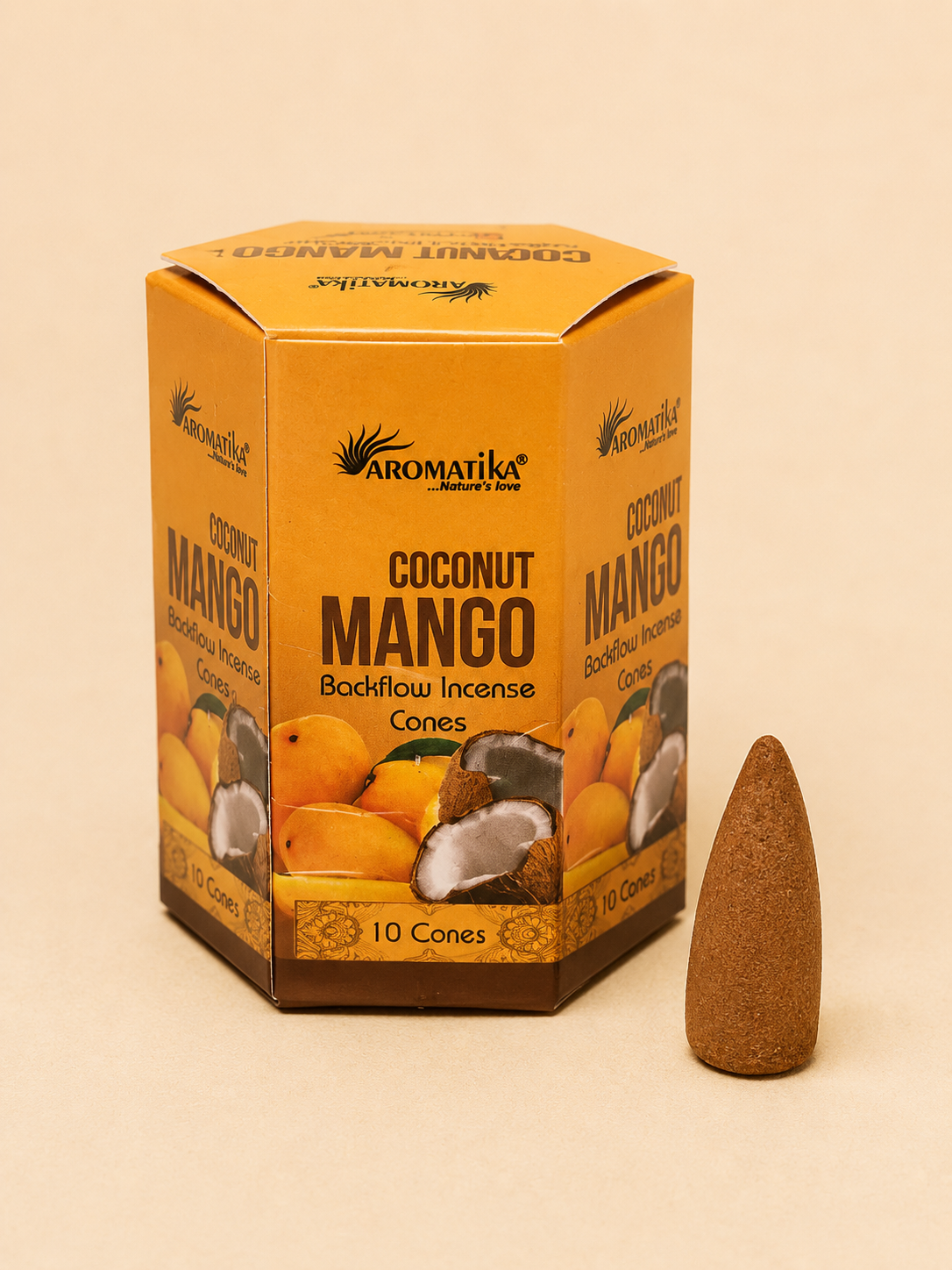 Aromatika Coconut & Mango Masala Backflow Incense Cones with a single incense cone.