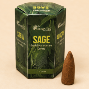 Aromatika Sage Masala Backflow Incense Cones with a single incense cone.