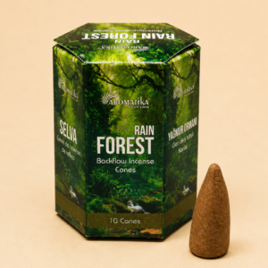 Aromatika Rain Forest Masala Backflow Incense Cones with incense cone.