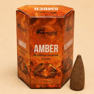 Aromatika Amber Masala Backflow Incense Cones with incense cone.
