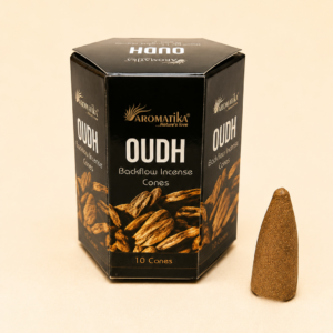 Aromatika Oudh Masala Backflow Incense Cones with incense cone.