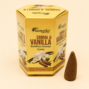 Aromatika Sandalwood & Vanilla Masala Backflow Incense Cones with one incense cone.