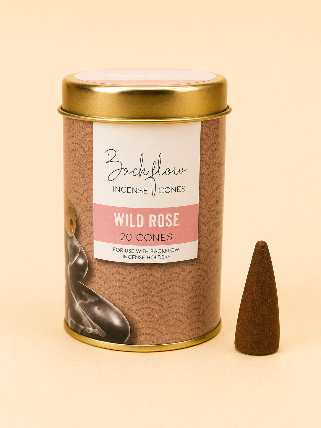 Elements Wild Rose Backflow Incense Cones with tin and jumbo incense cone