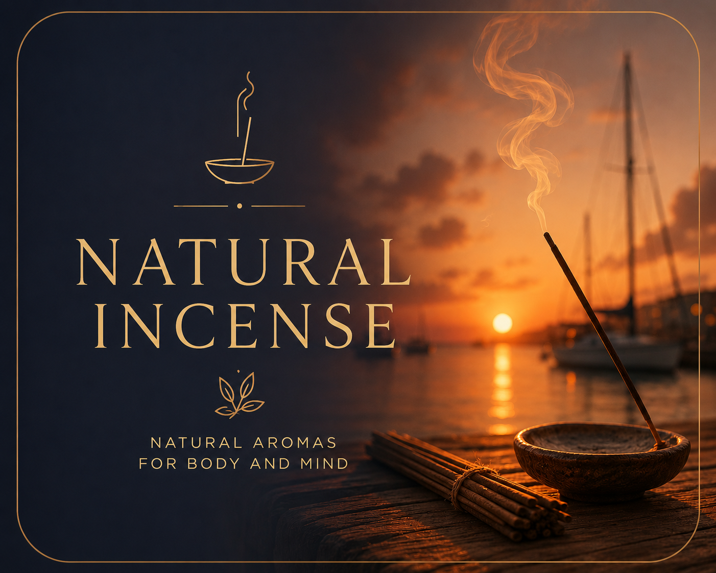 Premium natural incense sticks burning at sunset with warm golden light and harbour background.