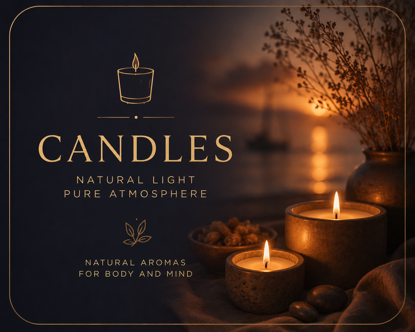 Premium natural scented candles glowing in warm golden light with a peaceful sunset harbour background.
