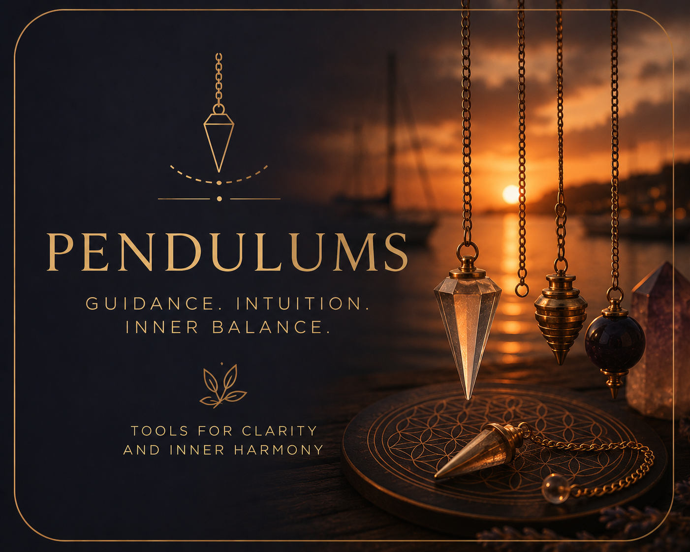 Premium crystal pendulums in warm sunset light with a peaceful harbour background, representing intuition and spiritual guidance.