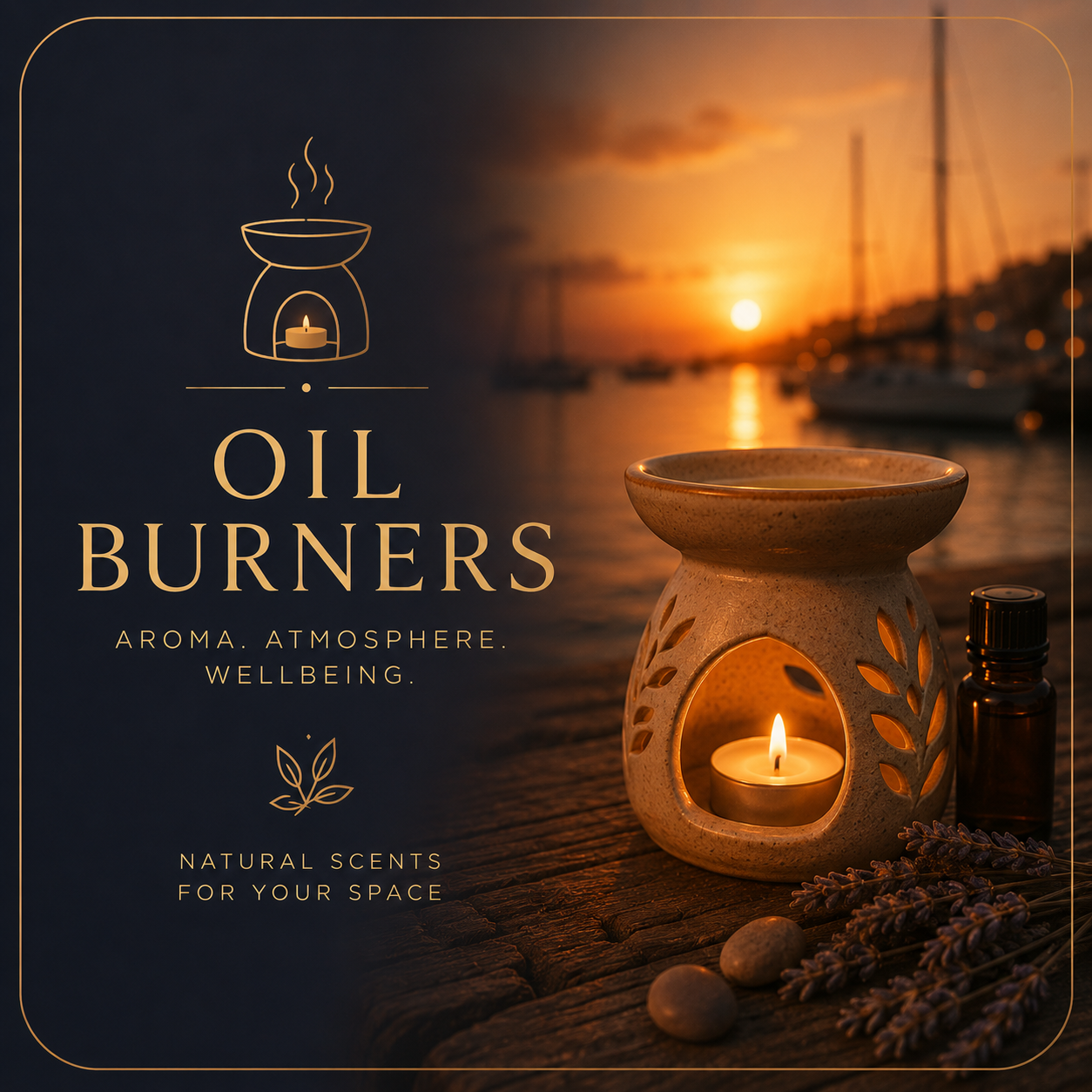 Premium ceramic oil burner illuminated by candlelight with a peaceful sunset harbour background.