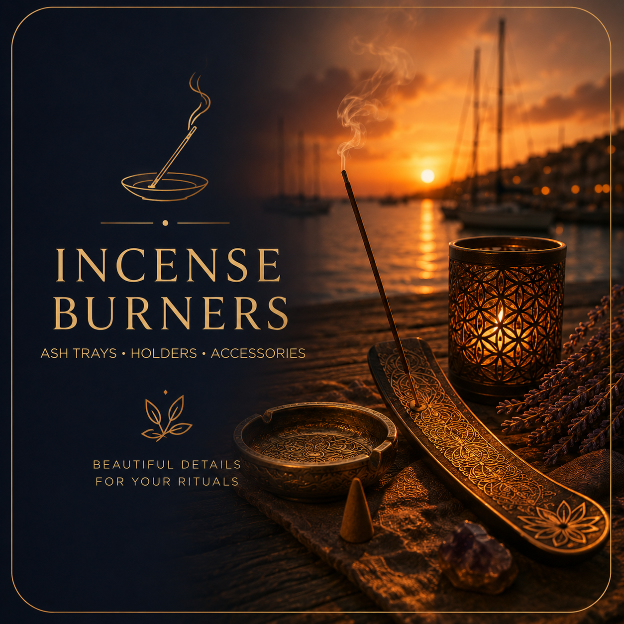 Premium incense burner and ash catcher illuminated by warm sunset light with a tranquil harbour background.