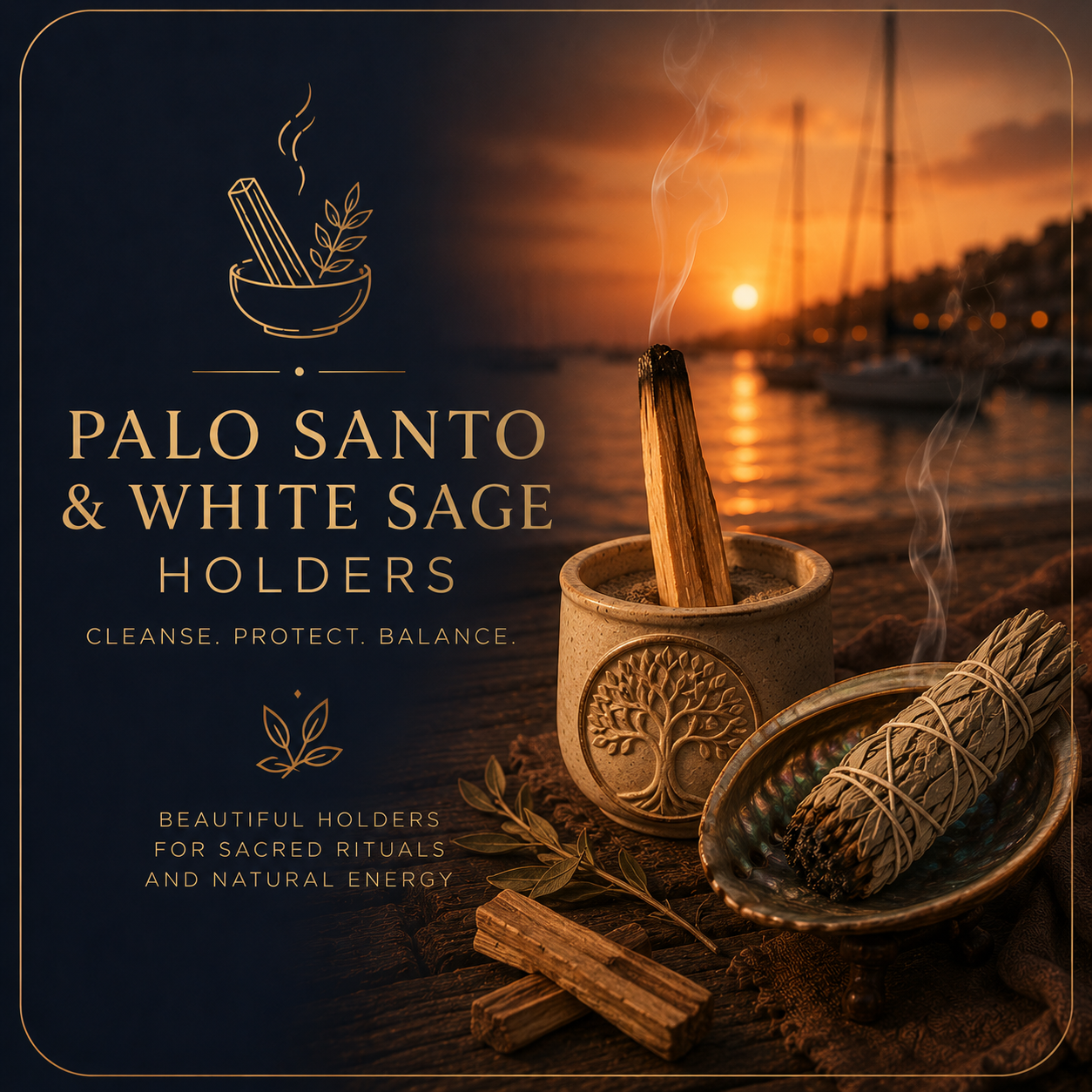 Premium Palo Santo and White Sage holder in warm golden sunset light with a tranquil harbour background.