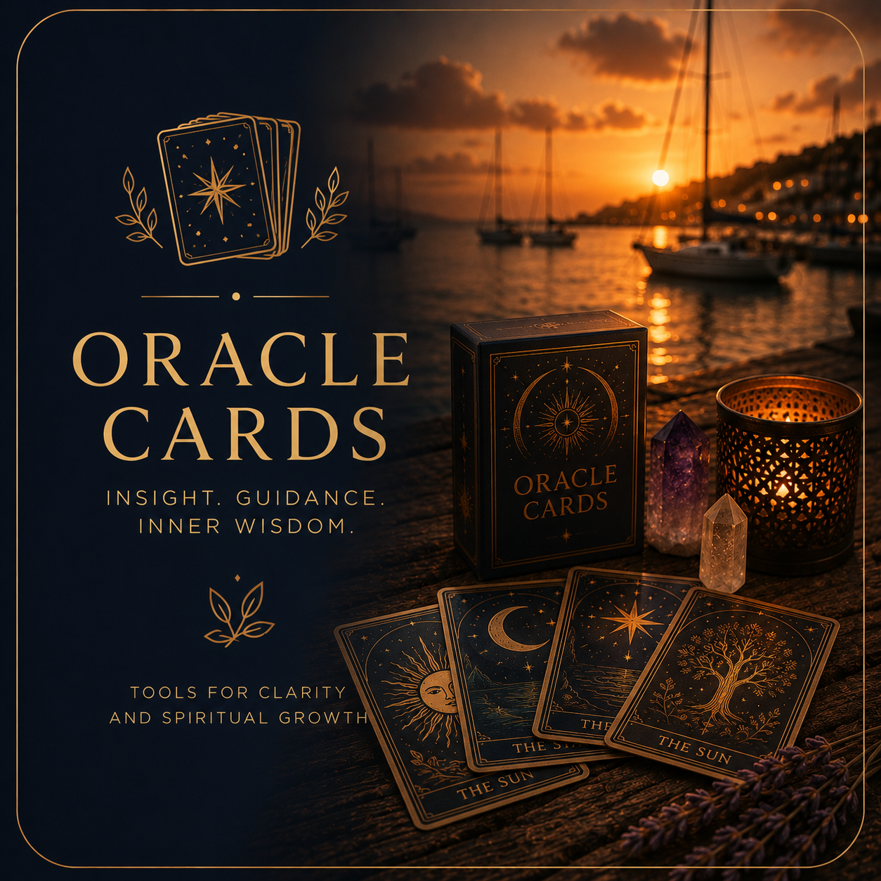 Premium oracle card deck illuminated by warm sunset light with a peaceful harbour background, representing intuition and spiritual guidance.