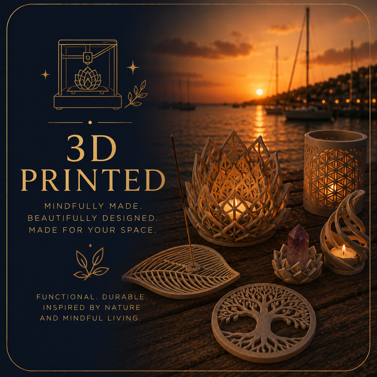 Premium 3D printed spiritual accessories and home décor illuminated by warm sunset light with a peaceful harbour background.