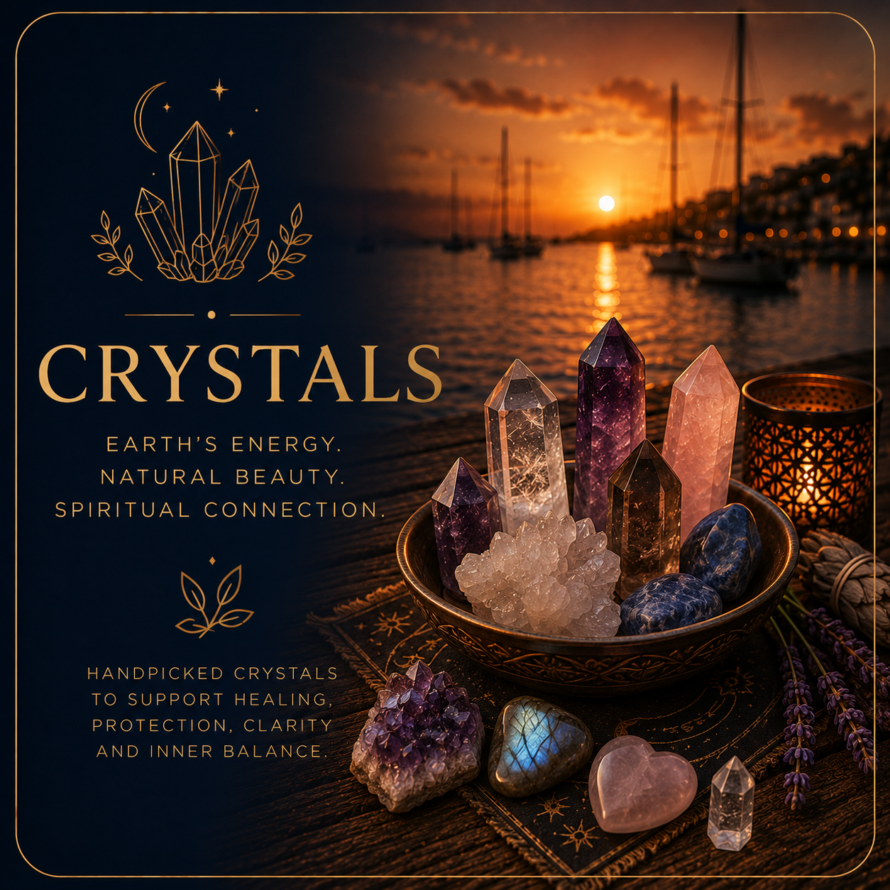Premium natural crystals and gemstones illuminated by warm sunset light with a peaceful harbour background.