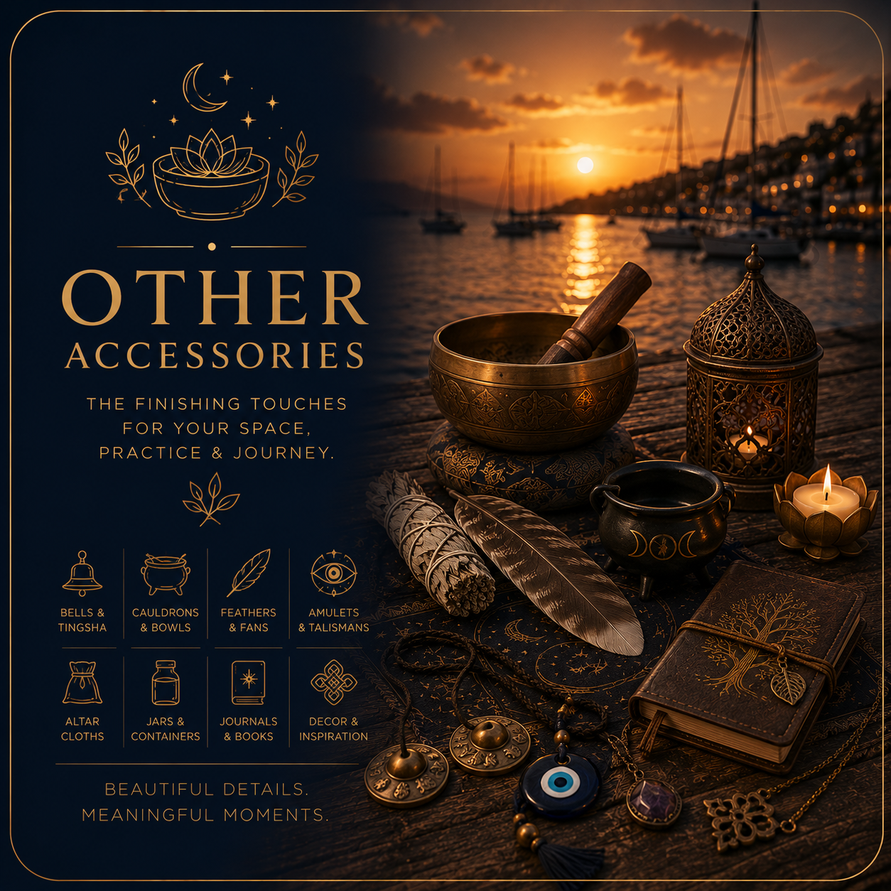 Premium spiritual and wellness accessories illuminated by warm sunset light with a tranquil harbour background.