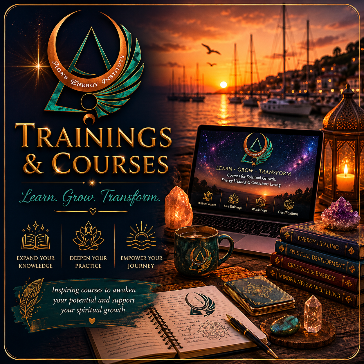 Spiritual and wellbeing training courses illuminated by warm sunset light with a peaceful harbour background, symbolising learning and transformation.